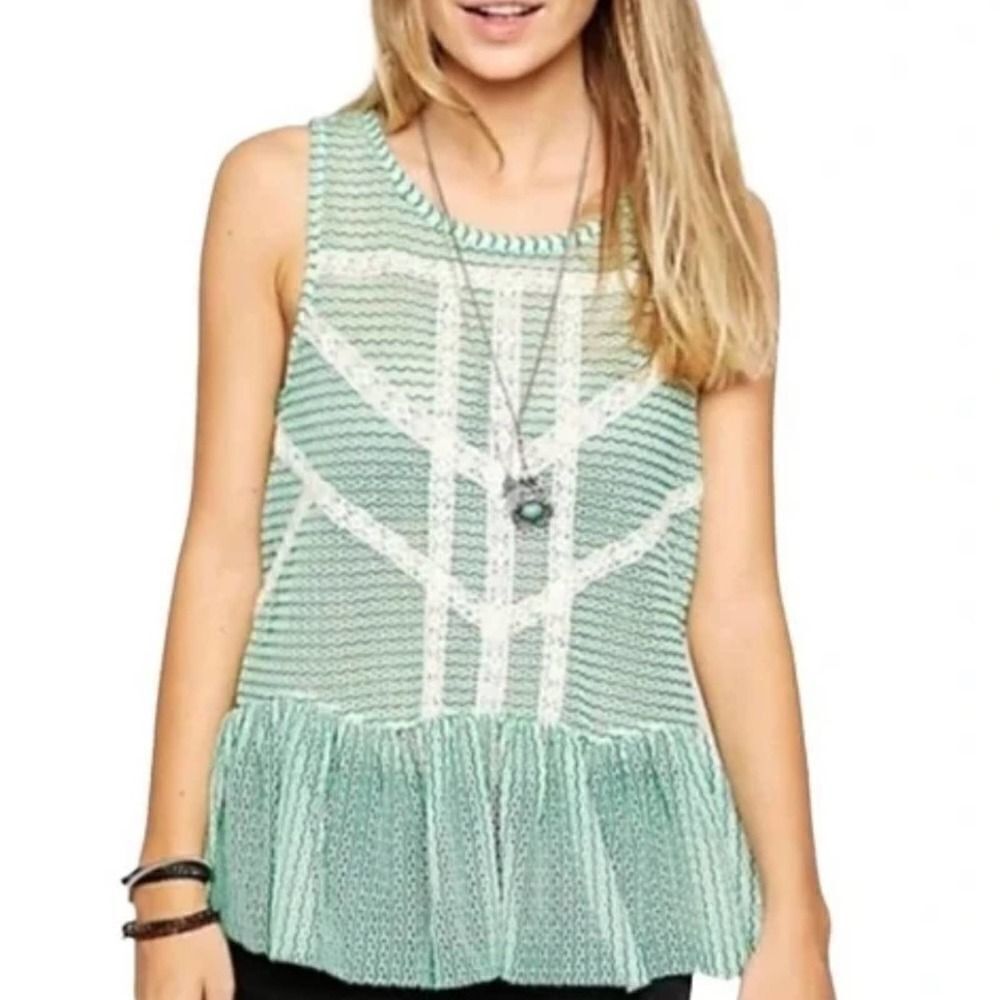 Free People Green Crochet Knit Sleeveless Top Large